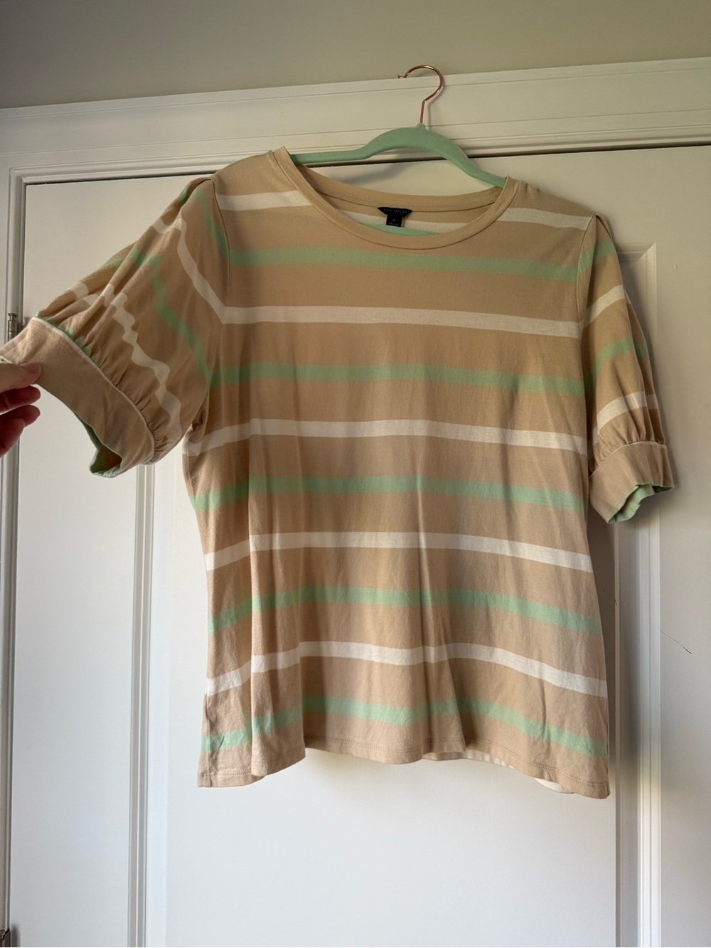 Ann Taylor Striped Short Puff-Sleeve Top in Beige, Mint & White, XL